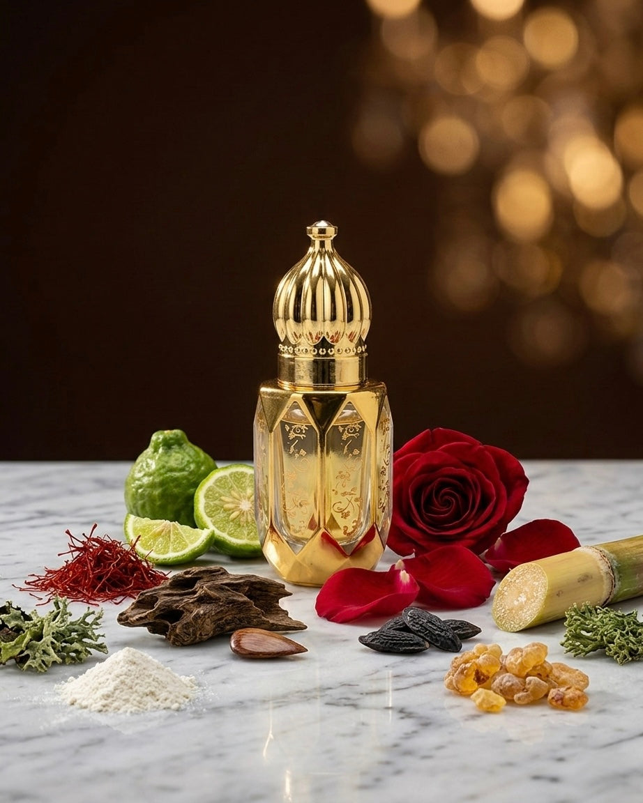 Gold perfume bottle with rose, lime, and other ingredients on a marble surface