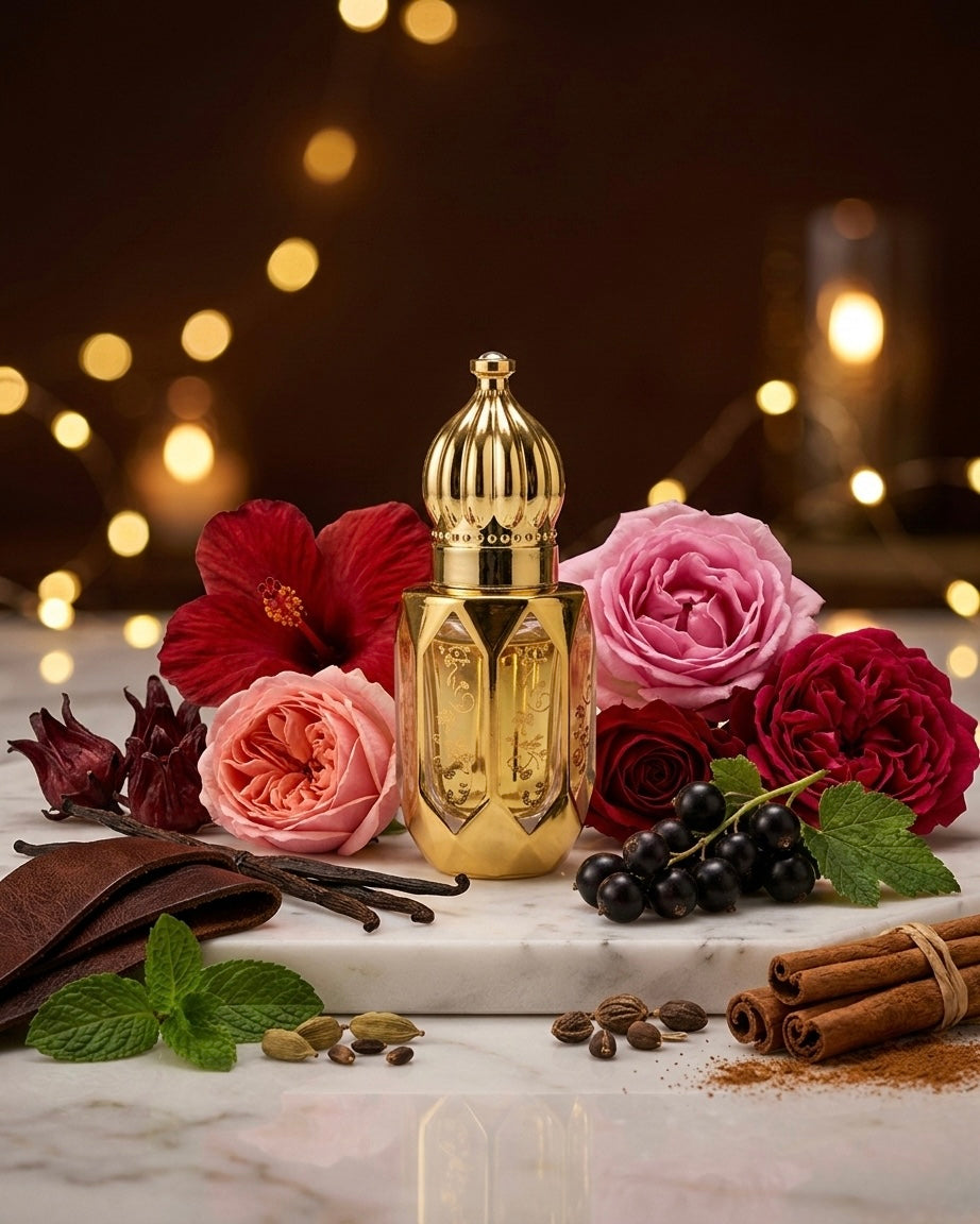 Gold perfume bottle with flowers and spices on a marble surface with blurred lights in the background