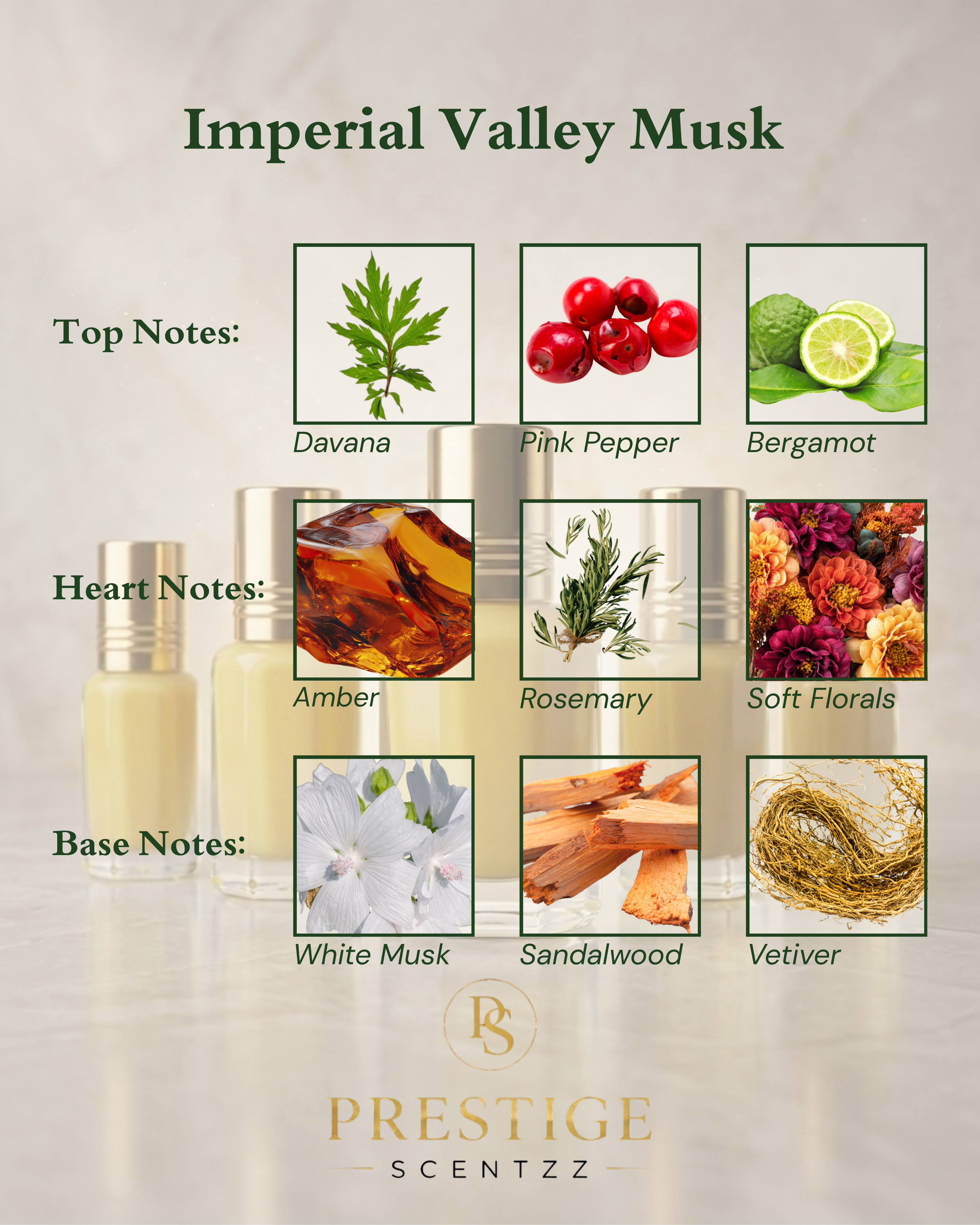 Perfume bottle with notes of Imperial Valley Musk, featuring images of botanical elements and Prestige Scentzz label.