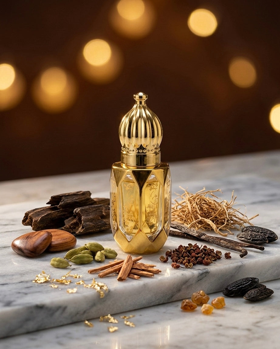 Gold perfume bottle with spices and herbs on a marble surface with blurred lights in the background
