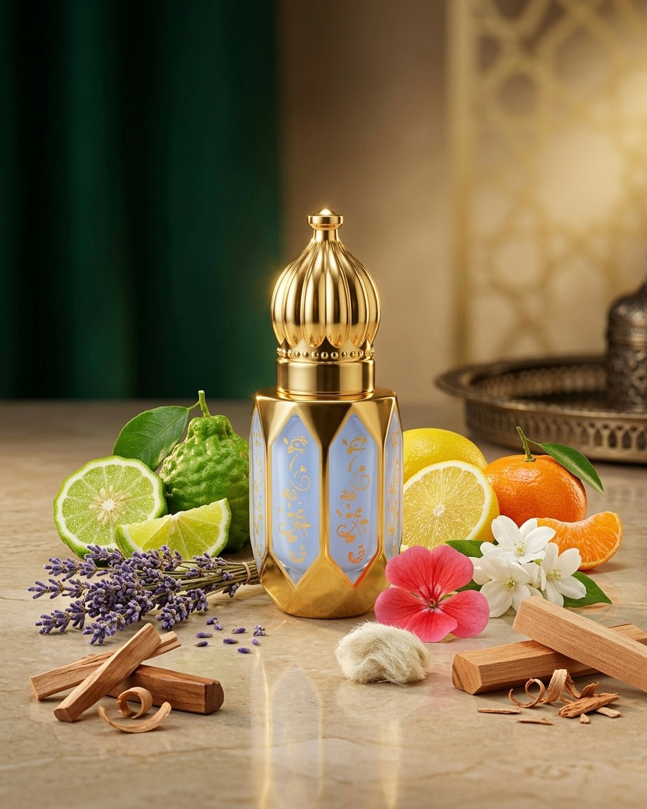 Decorative bottle with gold accents on a wooden surface with fruits, flowers, and herbs.