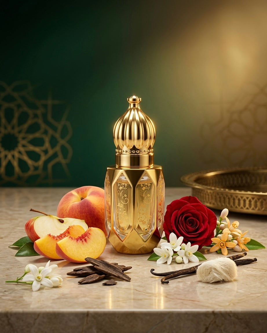 Gold perfume bottle with peaches, roses, and vanilla beans on a marble surface.