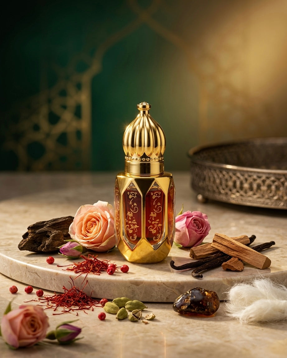 Gold perfume bottle with roses, saffron, and vanilla on a marble surface