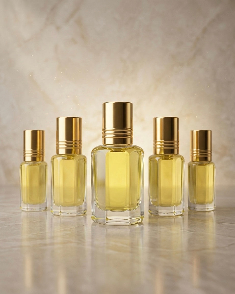 Set of five perfume bottles with gold caps on a reflective surface.