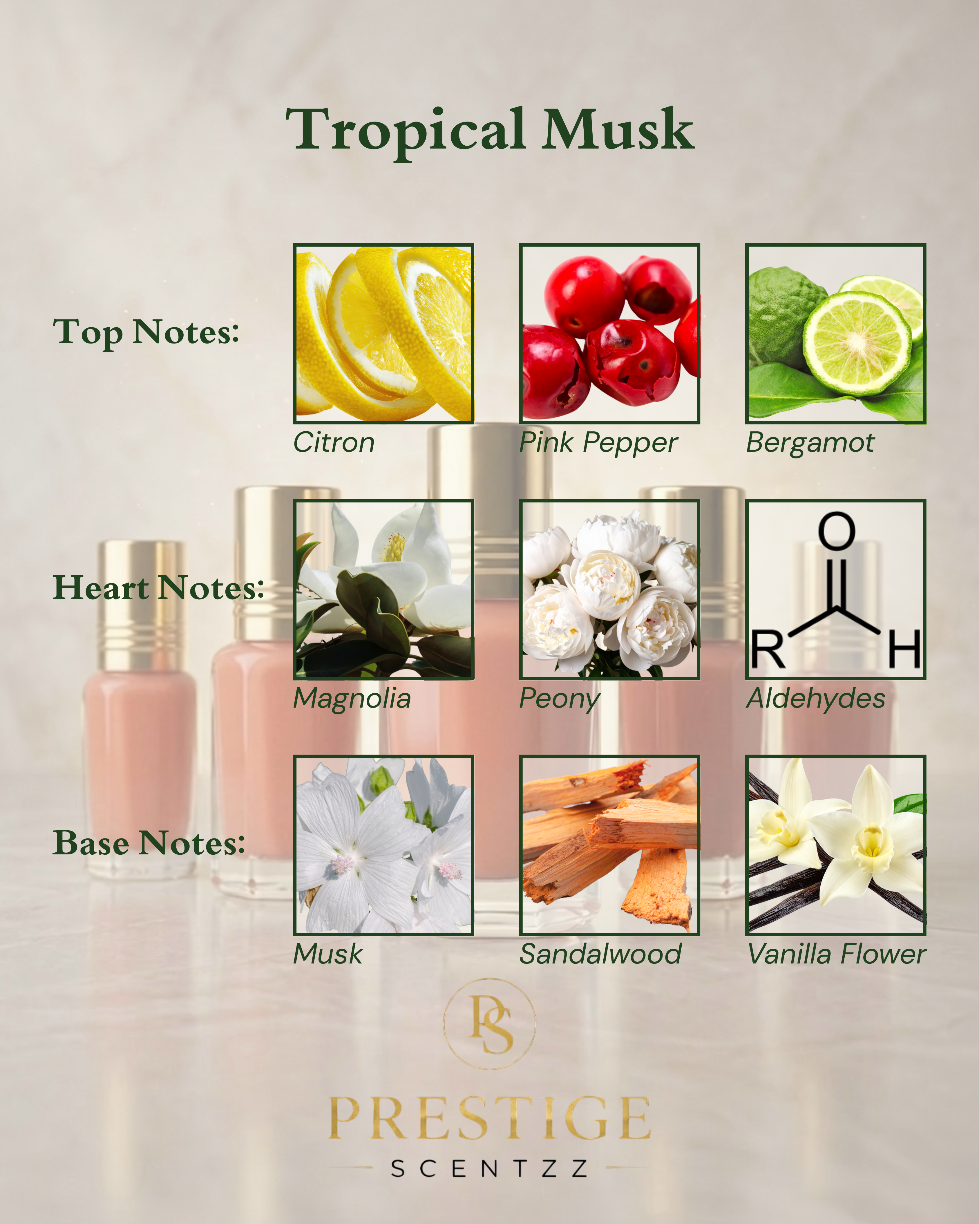 Set of five perfume oil bottles with gold caps on a reflective surface.