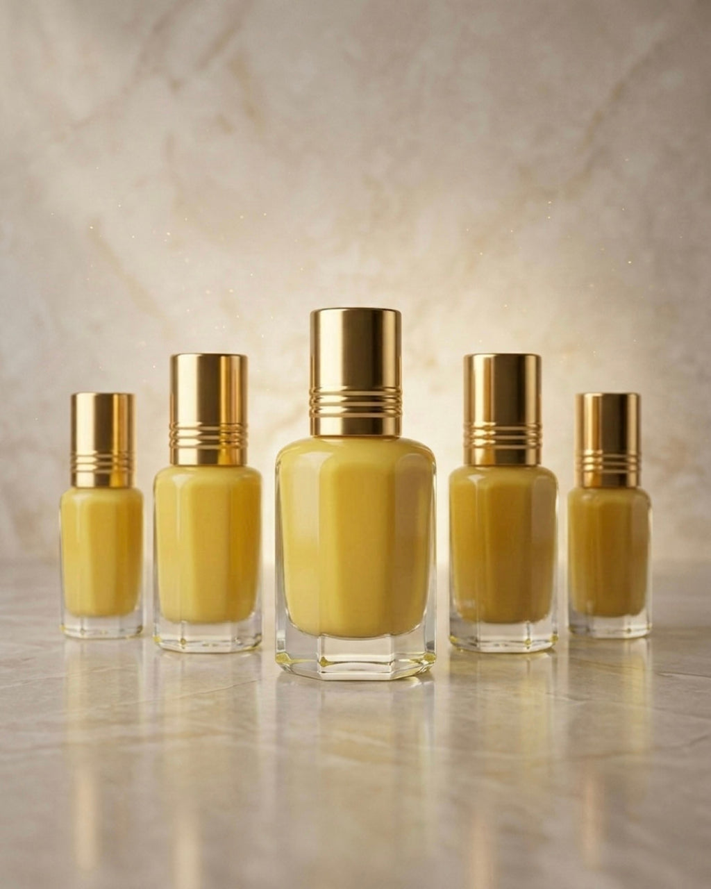 Set of five gold-coloured perfume oil bottles with gold caps on a reflective surface.