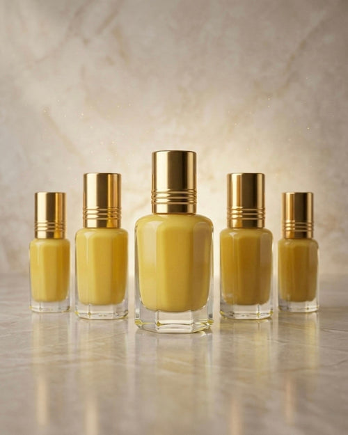 Set of five gold-coloured perfume oil bottles with gold caps on a reflective surface.