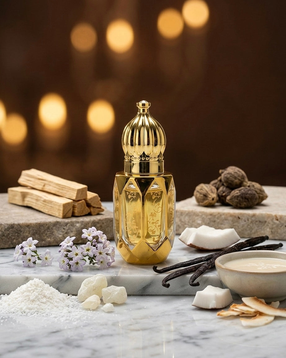 Gold perfume bottle on a marble surface with vanilla beans, flowers, and truffles.